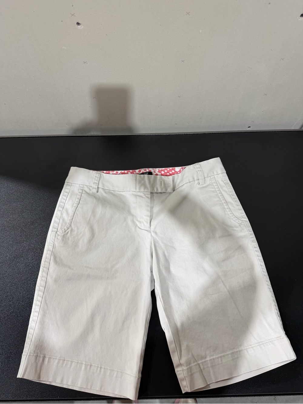J. Crew White Cotton Bermuda Shorts with Polka Dot Waist Lining